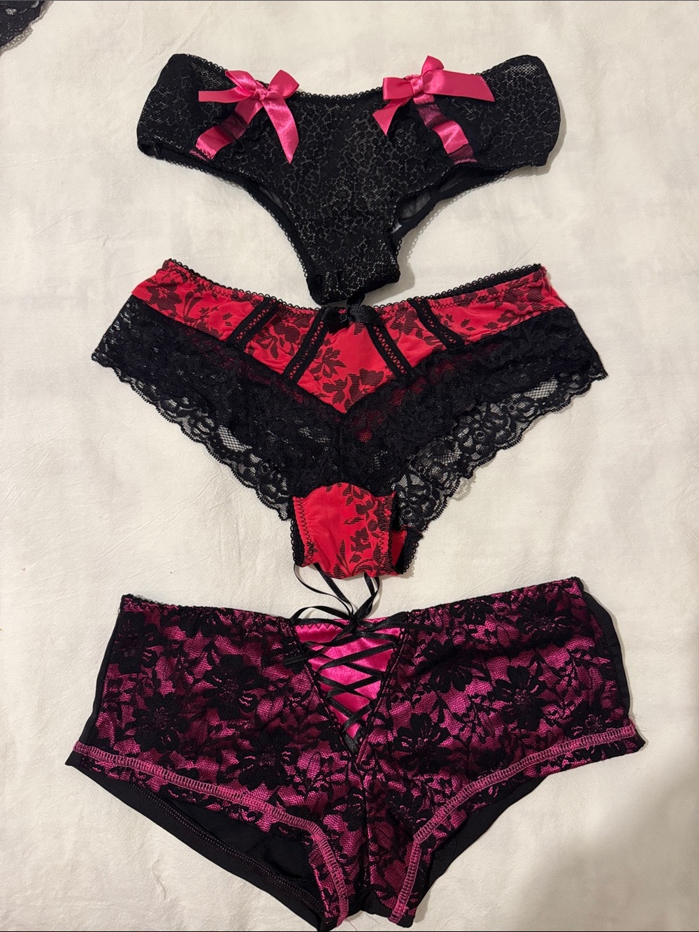 Three-Piece Lace Bikini & Cheeky Panty Set - Black with Red & Magenta Accents